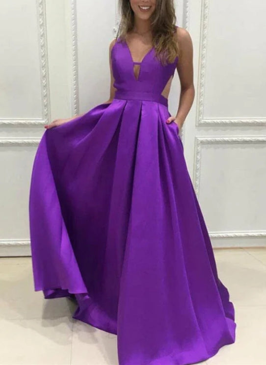 Purple V-Neck Sleeveless A-Line Prom Dress with Pockets